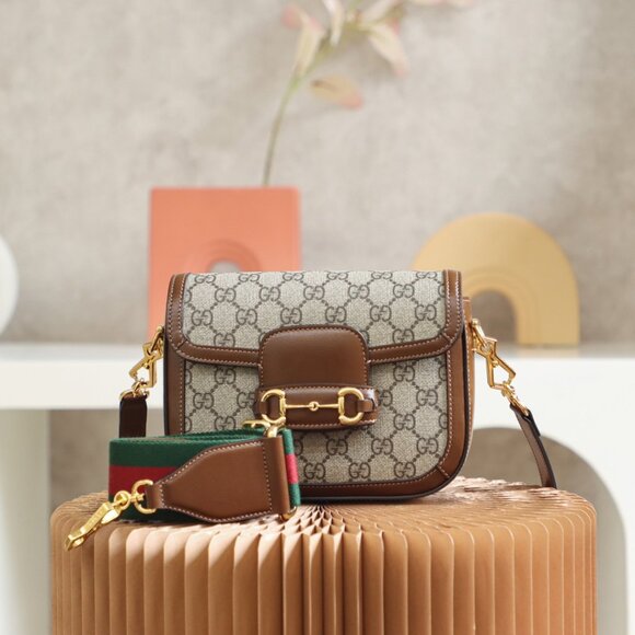 Gucci Beige and Brown Shoulder Bag with Gold Hardware